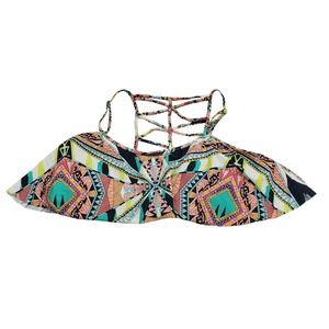 Jessica Simpson Womens Geometric Flounce Bikini Top L Multicolor Strappy Back